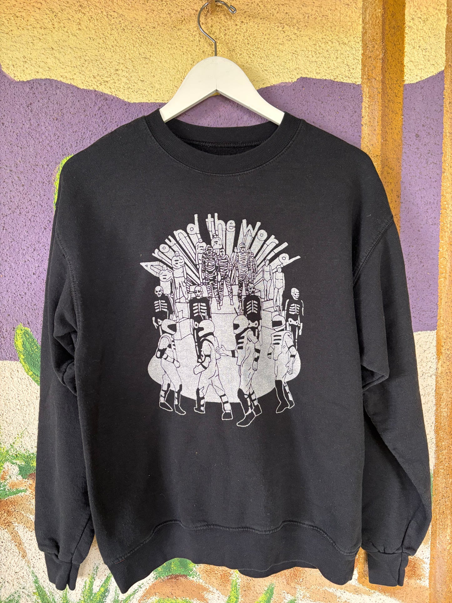 Upcycled "Around the World" Sweatshirt - Adult Medium - Black