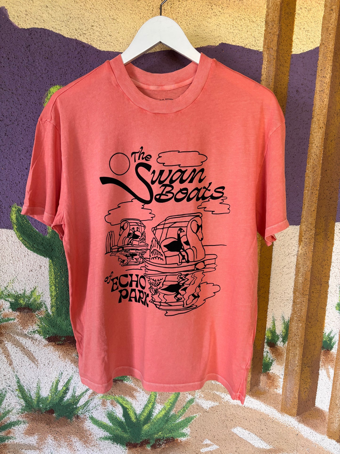 Upcycled "Swan Boats of Echo Park" Tee - Adult Medium - Salmon